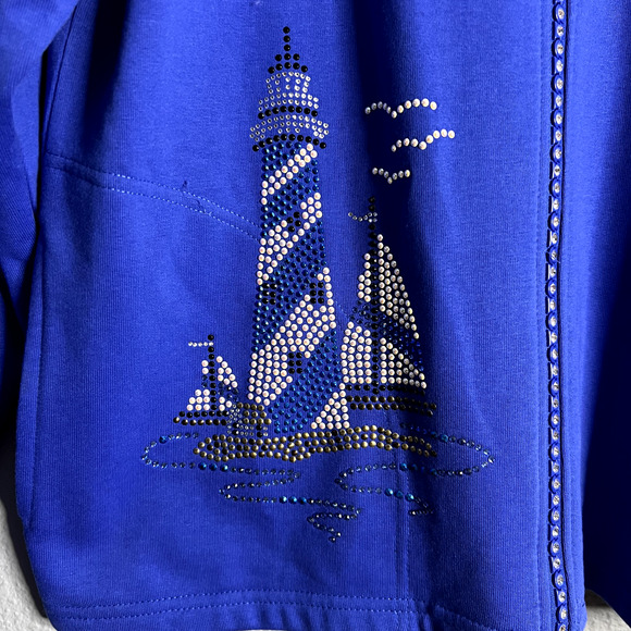Tia Designs Medium Cotton Jacket Embellished Rhinestones Zip Sailboats Nautical - Picture 3 of 15